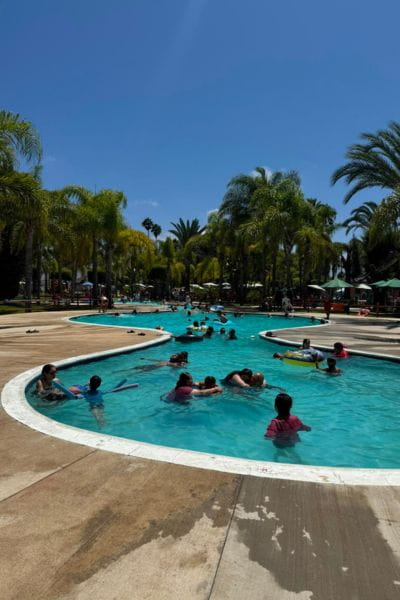 Visitors relaxing under palm trees near seating areas at the hidden pool stop on the ATV Ensenada Off-Road & Hidden Pools tour